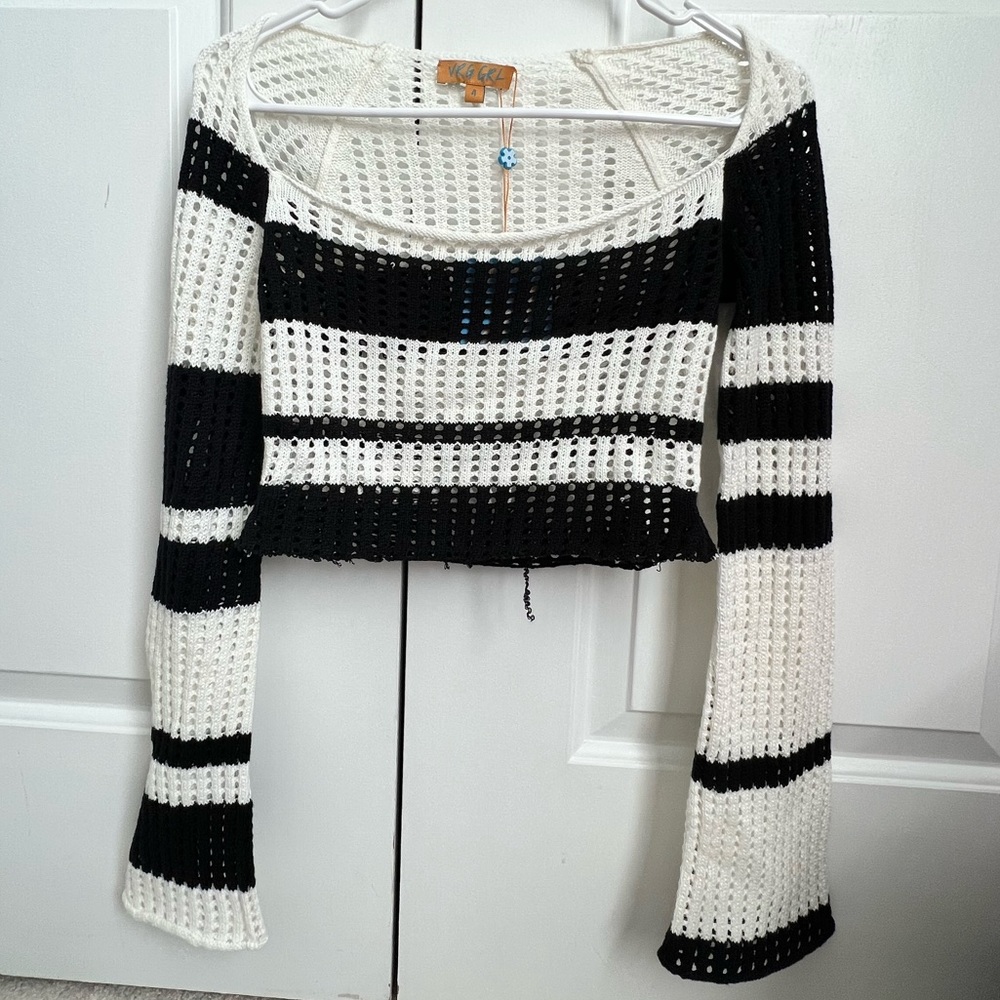 VRG GRL Long Sleeve Square Neck Black and White Crochet Knit Top